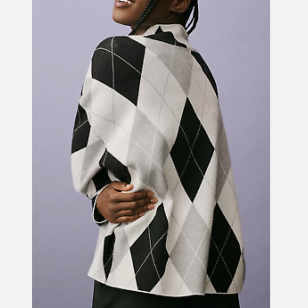 Anthropologie Maeve Cary’s Mock Neck Argyle Pullover Knit Sweater Gray White MED - Picture 3 of 10